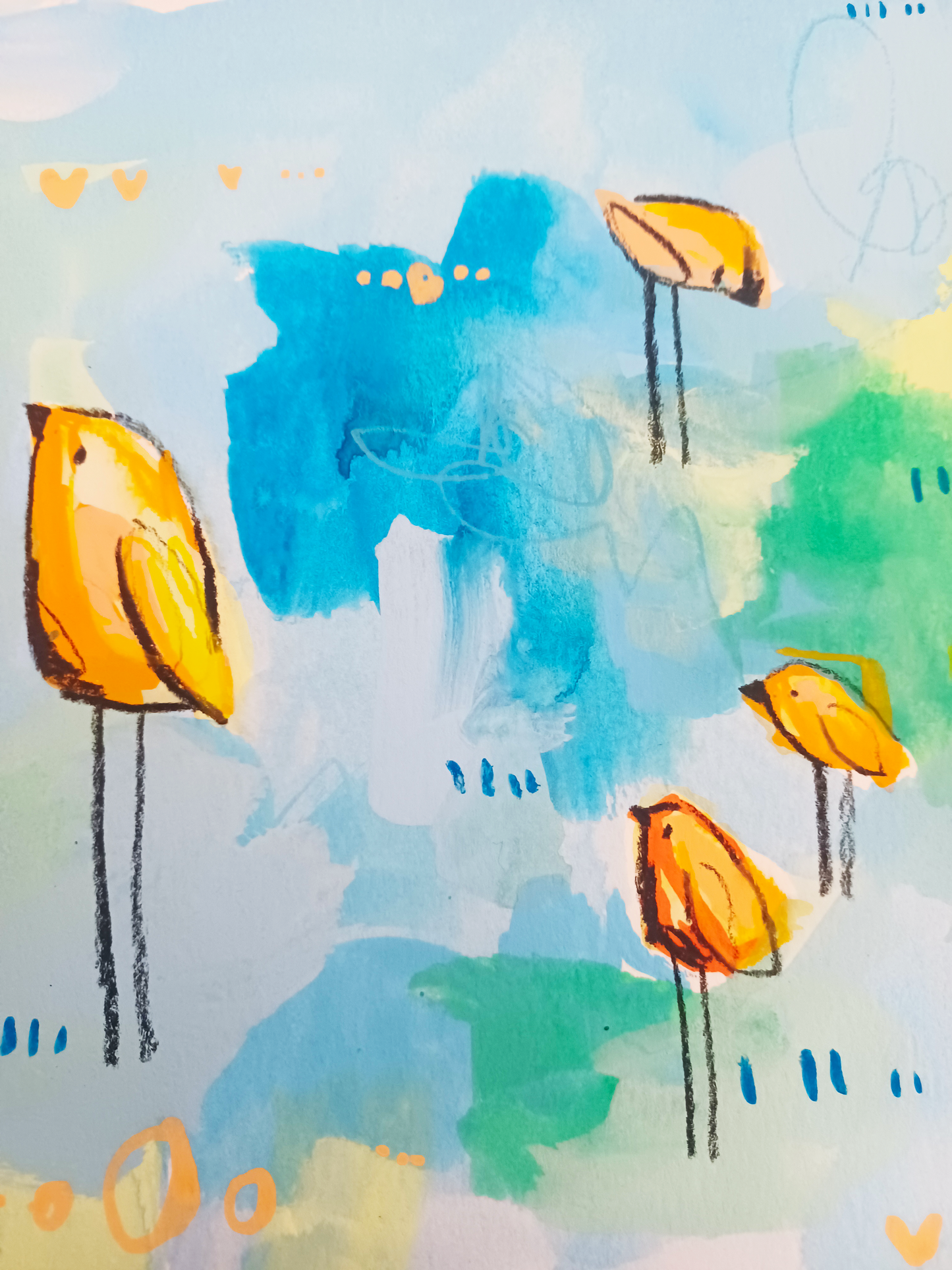 sushi squad, orange and blue birds mixed media original painting on paper, 11x15, Bella Joie Fine Art , close up details