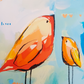 sushi squad, orange and blue birds mixed media original painting on paper, 11x15, Bella Joie Fine Art , close up details