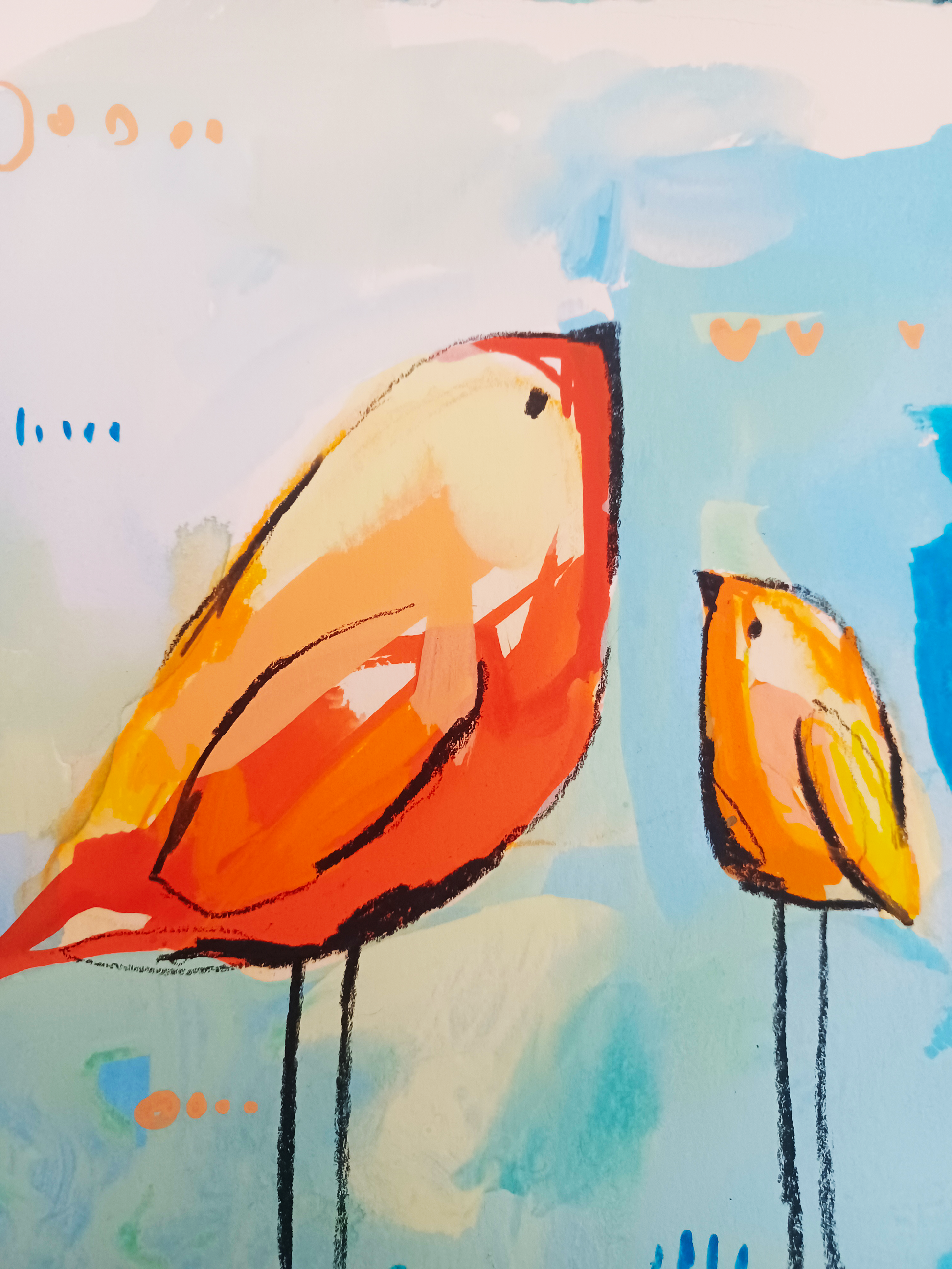 sushi squad, orange and blue birds mixed media original painting on paper, 11x15, Bella Joie Fine Art , close up details