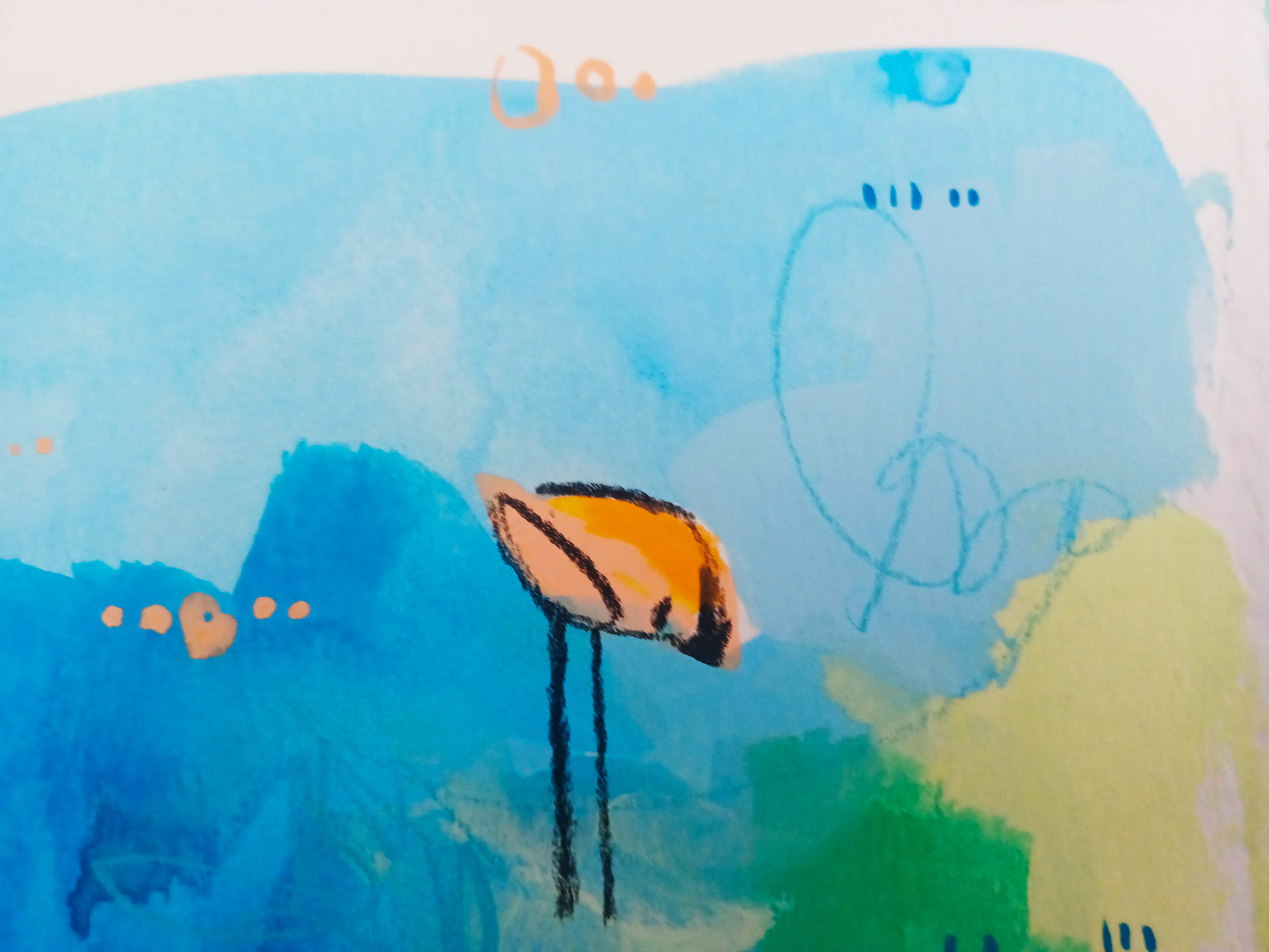 sushi squad, orange and blue birds mixed media original painting on paper, 11x15, Bella Joie Fine Art , close up details