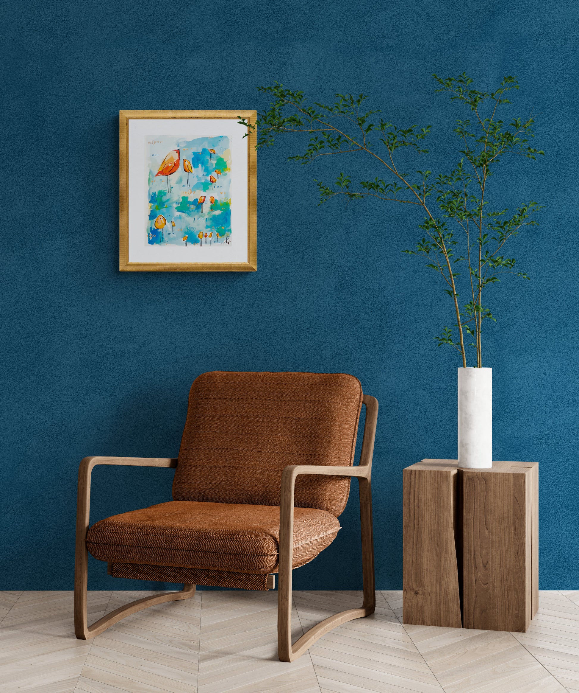 sushi squad, orange and blue birds mixed media original painting on paper, 11x15, Bella Joie Fine Art , dark room mock up