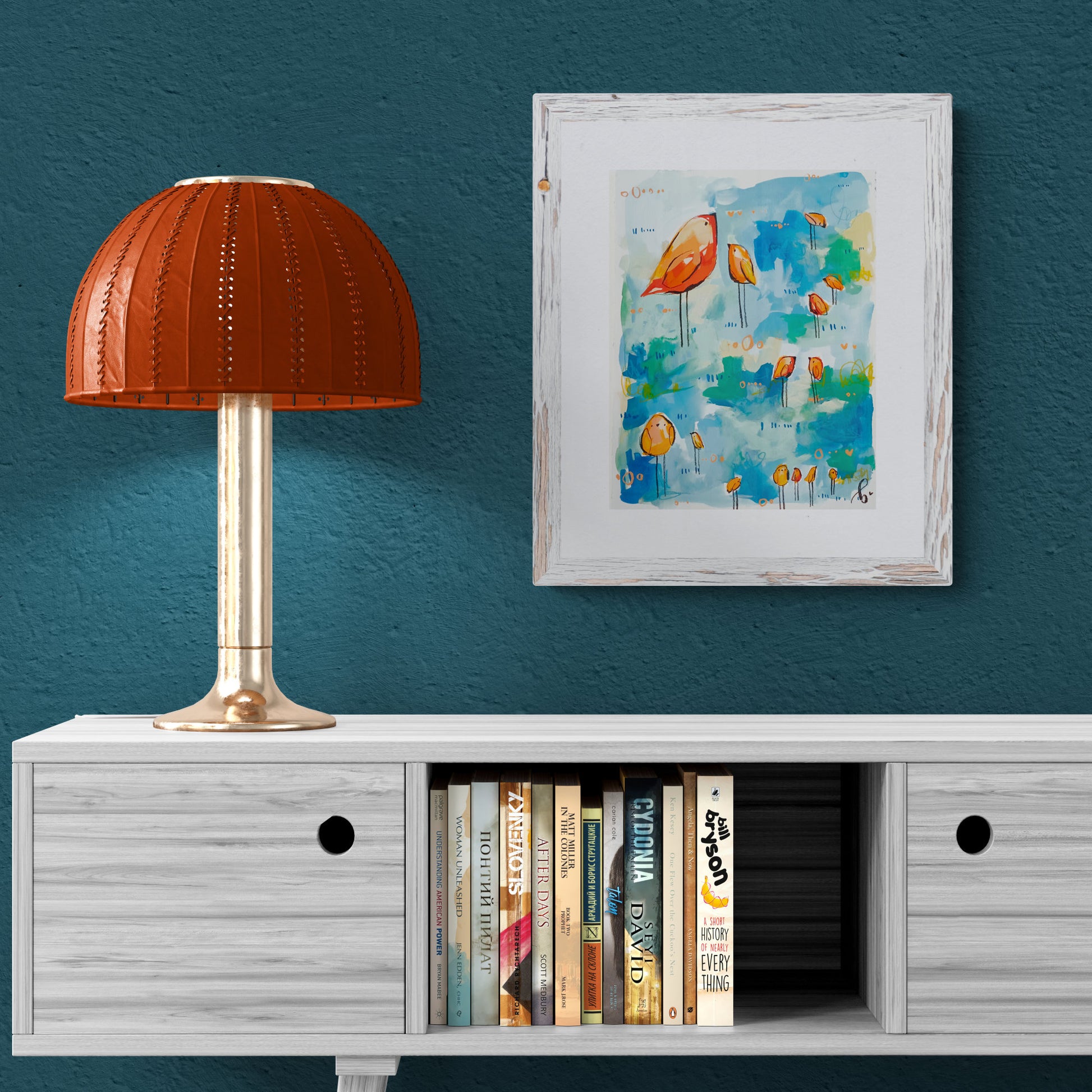 sushi squad, orange and blue birds mixed media original painting on paper, 11x15, Bella Joie Fine Art , dark room mock up