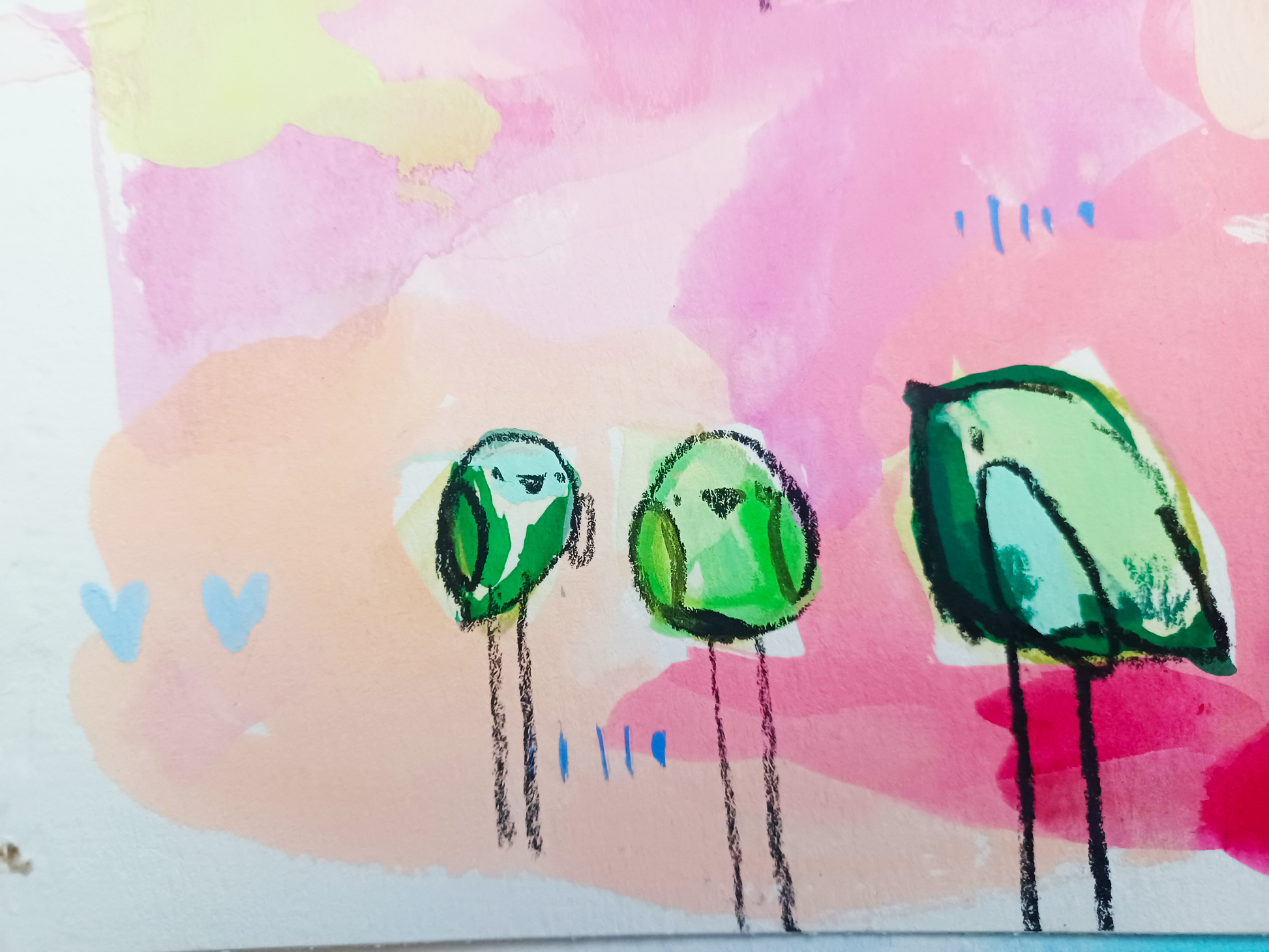 taffy tribe, pink and green birds, mixed media original painting on paper 11x15, details close up, Bella Joie Fine Art, free shipping