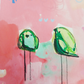 taffy tribe, pink and green birds, mixed media original painting on paper 11x15, details close up, Bella Joie Fine Art, free shipping