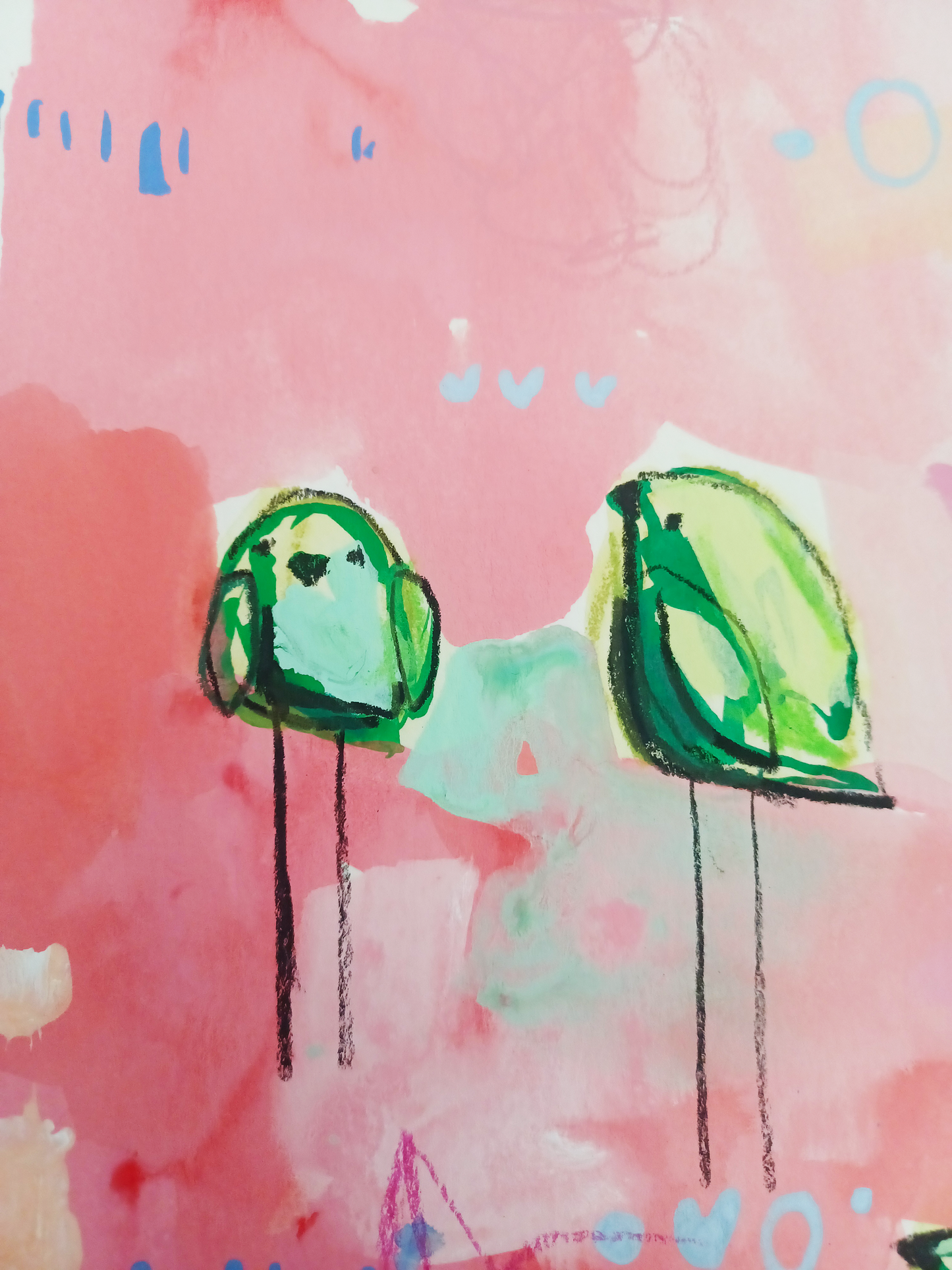 taffy tribe, pink and green birds, mixed media original painting on paper 11x15, details close up, Bella Joie Fine Art, free shipping