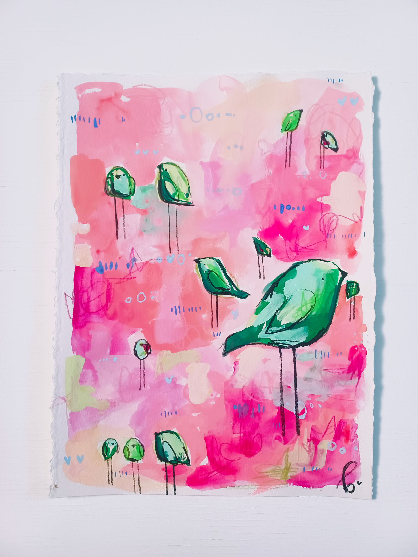 taffy tribe, pink and green birds, mixed media original painting on paper 11x15, Bella Joie Fine Art, free shipping