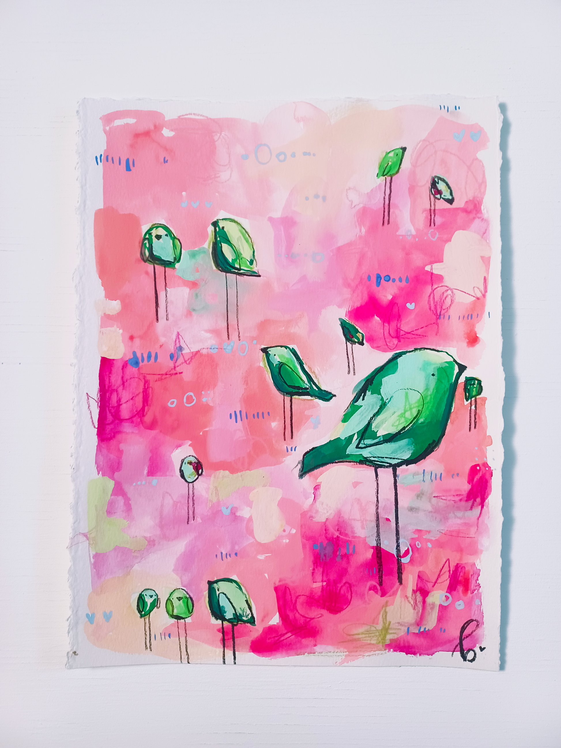 taffy tribe, pink and green birds, mixed media original painting on paper 11x15, Bella Joie Fine Art, free shipping