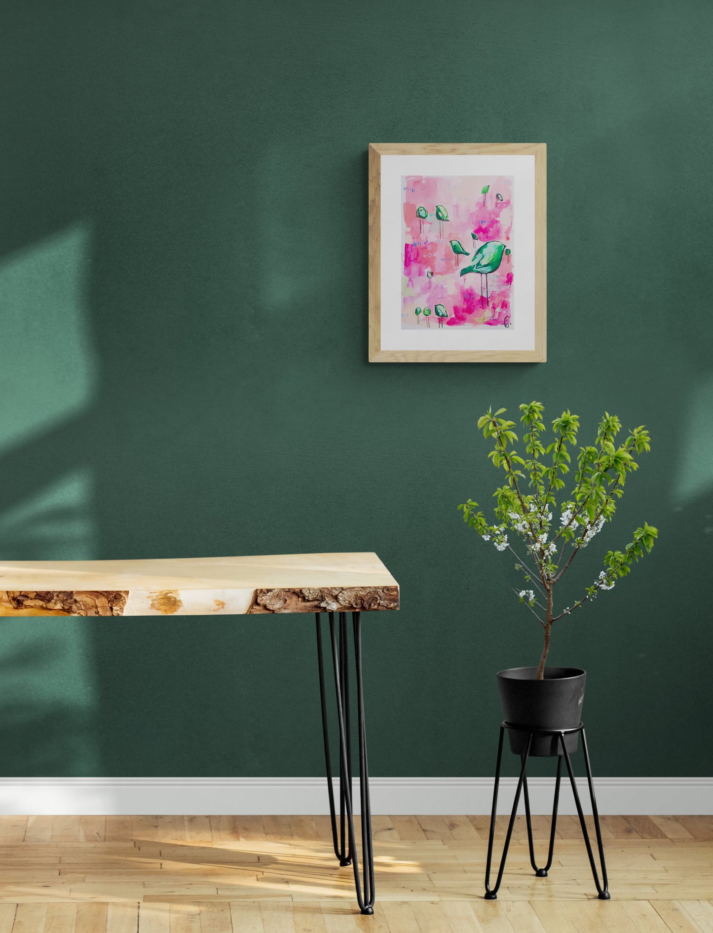 taffy tribe, pink and green birds, mixed media original painting on paper 11x15, Bella Joie Fine Art, free shipping, dark  room mock up