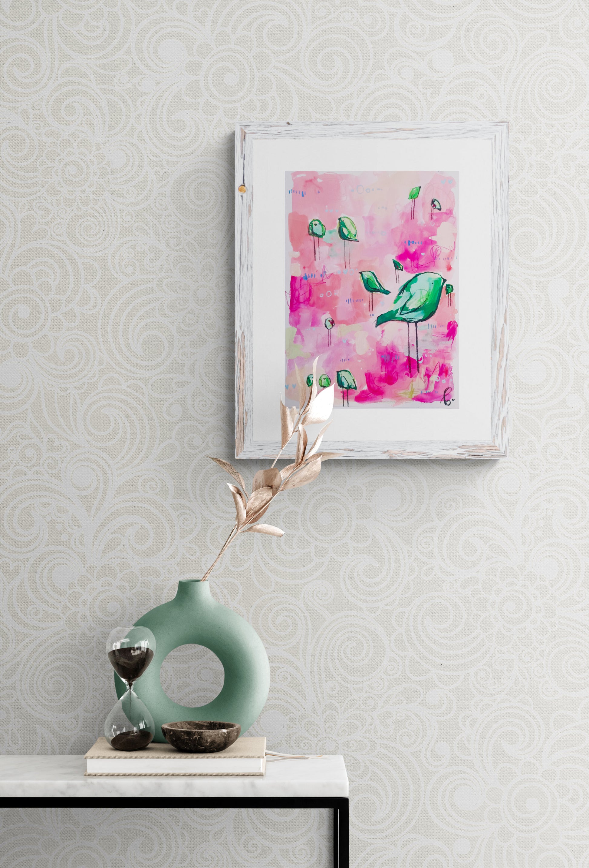 taffy tribe, pink and green birds, mixed media original painting on paper 11x15, Bella Joie Fine Art, free shipping, light room mock up