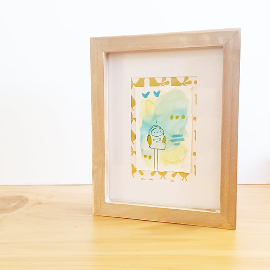 Birdie Mae, framed mixed media original abstract owl sketch, Bella Joie Art, free shipping