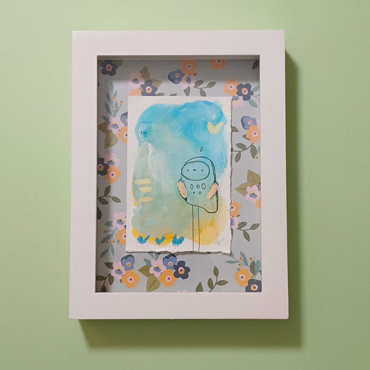 elsie, framed mixed media original abstract owl sketch, Bella Joie Art, free shipping
