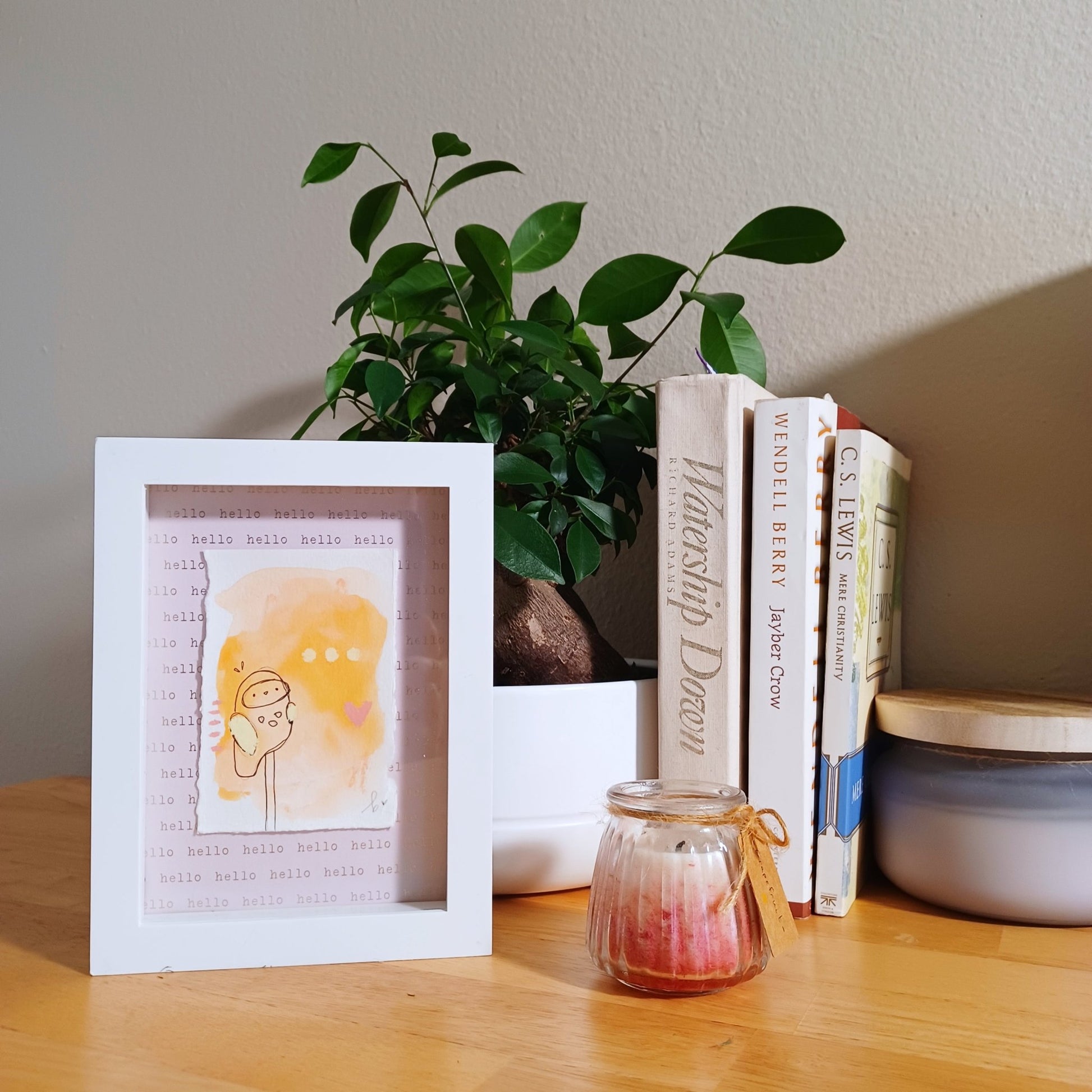 Junie, framed mixed media original owl sketch, mock up on aesthetic shelf, Bella Joie Art, free shipping