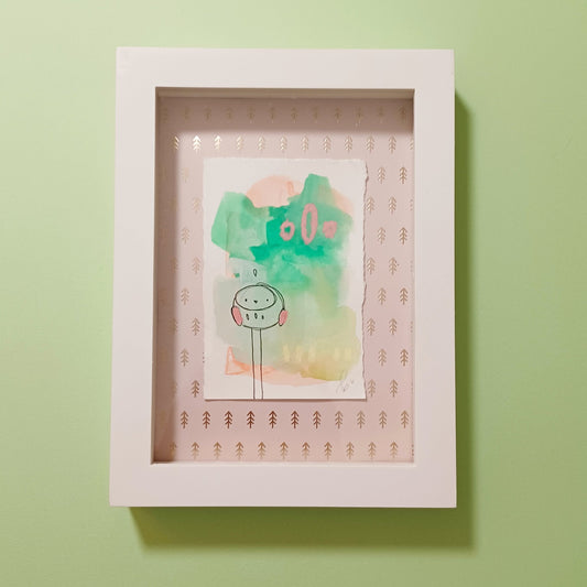 Minnie, framed mixed media original abstract owl sketch, Bella Joie Art, free shipping